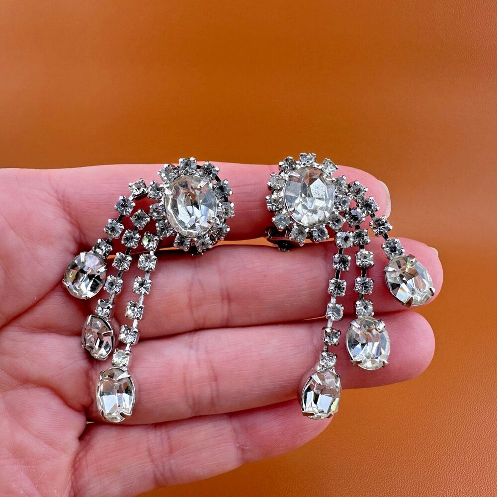 Vintage Rhinestone Clip Earrings Silver Tone Cup Chain Waterfall Side Dangle